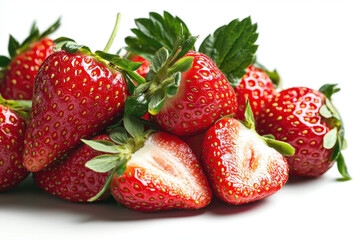 Isolated freshly picked strawberries on bright white background food and beverage photography natural environment close-up viewpoint healthy eating concept