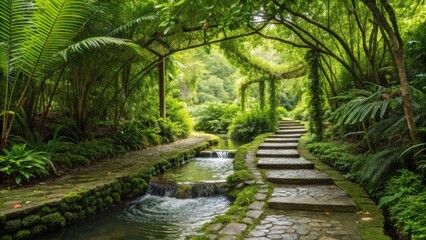 island resort A serene pathway through lush greenery and flowing water creates a tranquil atmosphere.