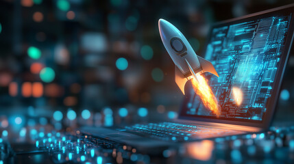 ノートパソコンの画面から飛び出す幻想的なロケットの発射シーンスタートアップビジネス
