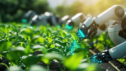 Advanced AI-powered agricultural robots tending to crops in a futuristic precision farming setting, 
