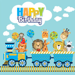 Birthday card with animals and balloons on the train