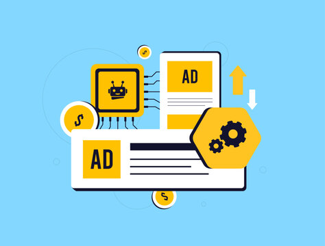 AI-driven ad automation improves ads placement precision and audience targeting while reducing manual work and boosting campaign performance. AI in programmatic advertising Vector illustration