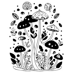 Mystical Forest Floor Fungi, Botanical Sketch Art