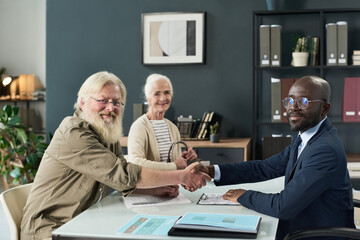 Portrait of African American businessman and customer looking at camera and shaking hands at meeting