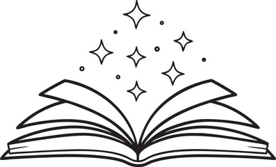 Open library book magic of reading, sparkle vector silhouette on a white background