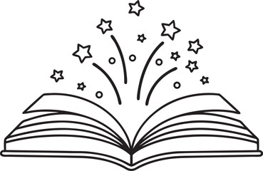 Open library book magic of reading, sparkle vector silhouette on a white background