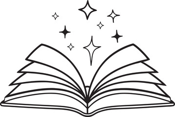 Open library book magic of reading, sparkle vector silhouette on a white background
