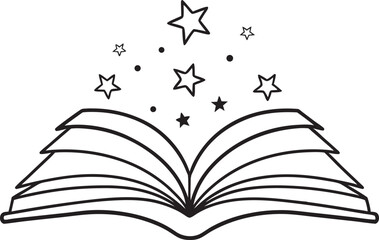 Open library book magic of reading, sparkle vector silhouette on a white background