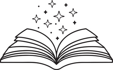Open library book magic of reading, sparkle vector silhouette on a white background