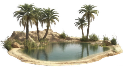 Fototapeta premium Desert Oasis Pond with Palm Trees Photorealistic Style Transparent Background