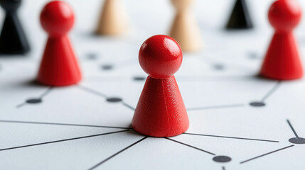 Red Game Piece Connecting on Network Graphic with Black and Beige Tokens on Background