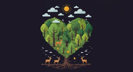 Heart Shaped Forest with Deer and Wildlife Illustration