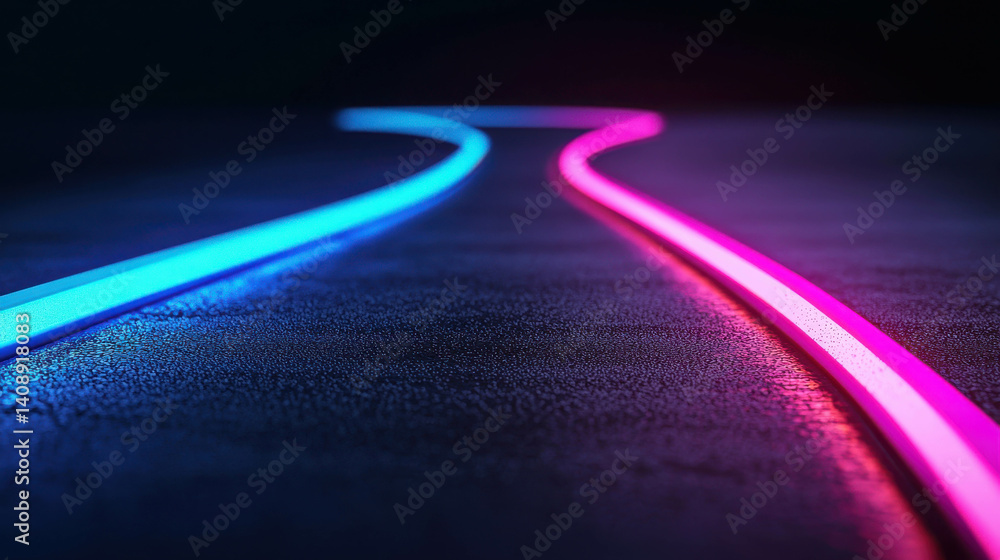 Poster neon lights create curved path on dark surface for futuristic background or abstract design