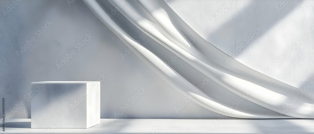 Poster Simple White Display Platform with Draped Fabric
