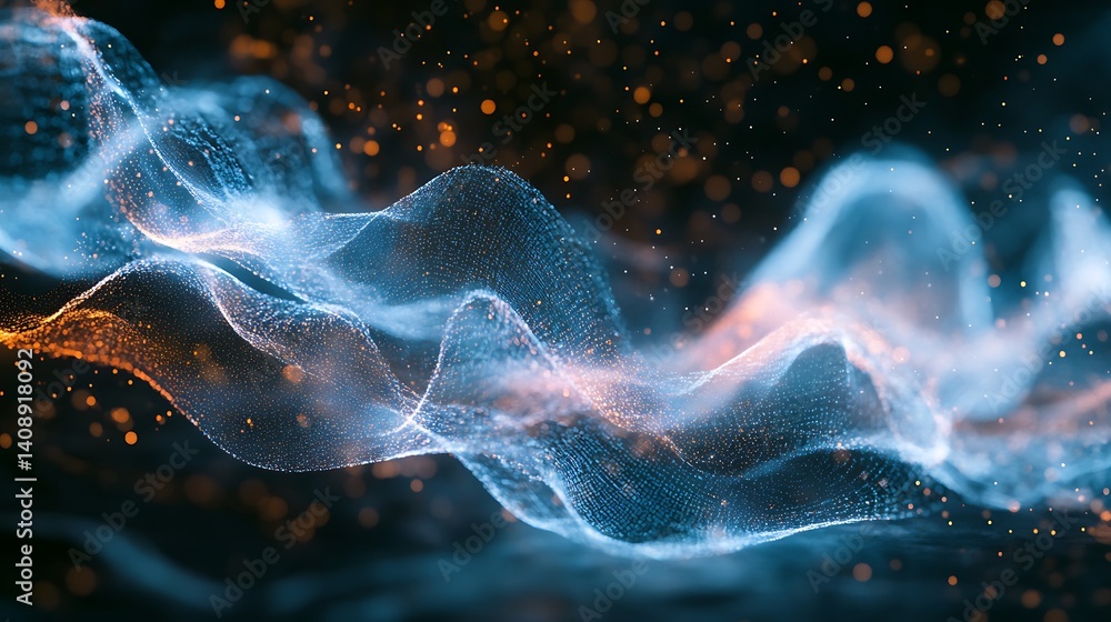 Poster abstract wavy pattern with glowing particles flowing