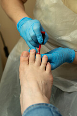 Podiatrist applying red nail polish during final pedicure step Chiropody and podology concept, foot...