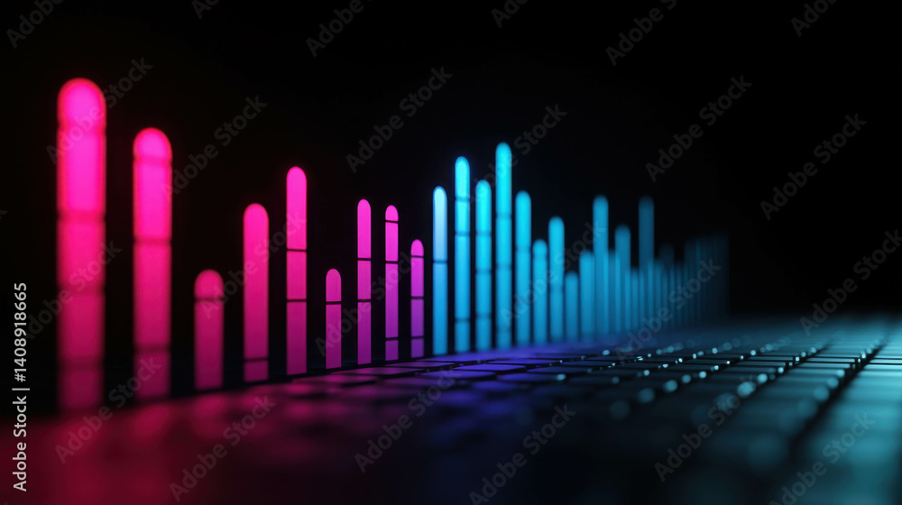 Poster colorful sound wave visualization on a black background with keyboard in the foreground