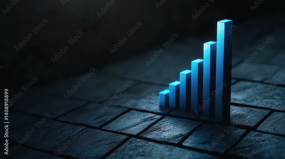 Poster blue bar graph on dark background representing growth and progress in business contexts