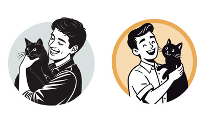 A man Holding a Cat,shieouette  icons of Smiling young man with a cat, pet in black colour.