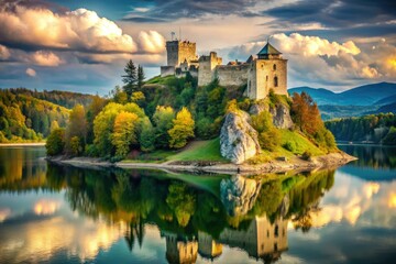 Fototapeta premium Medieval Gothic architecture meets breathtaking Polish scenery at Niedzica Castle, Czorsztyn Lake.