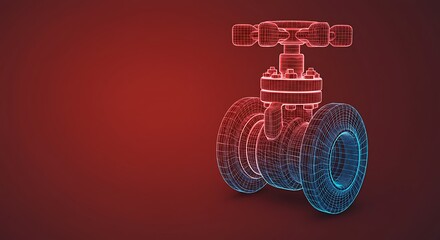 Valve Illustration with Wireframe Design on Red Background
