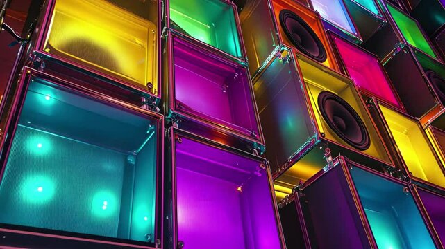 Exploring vibrant speaker membranes arranged in a colorful display, Playing speaker membranes stacked in endless Lit by colourful retro lights