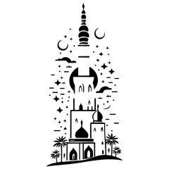 Detailed Mosque Silhouette with Celestial Elements