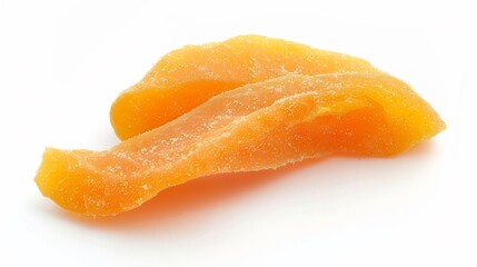 Close up of dried mango slice in sharp focus highlighting its smooth texture and rich golden orange color on a white background