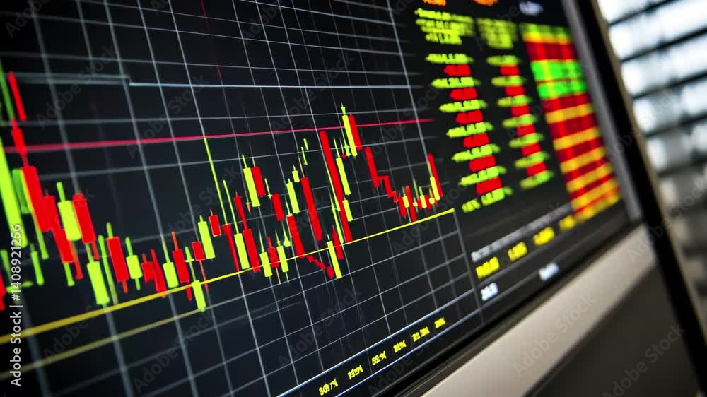 Poster data analysis and market trends display on stock market visualization screen in a trading environmen