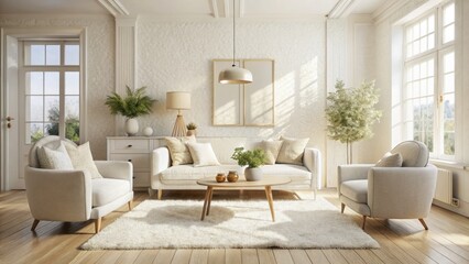 Minimalist haven: boucle texture in cream and white, accented by vintage photography.
