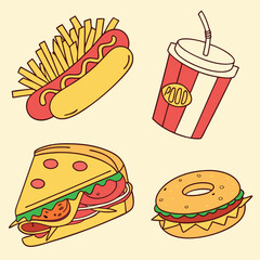 fast food restaurant menu sticker pack set vector