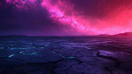 Landscape of alien planet among galaxy and mystical atmosphere concept. A stunning alien landscape under a colorful starry sky.