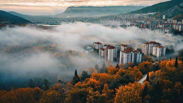 Aerial view of Podgorica, Montenegro surrounded by mist and autumn colors at dawn, Aerial view of the city Podgorica in Montenegro on a cloudy afternoon in autumn