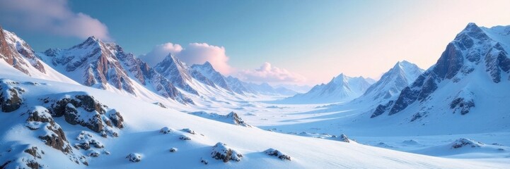 Fototapeta premium Snowy planetary landscape with frozen mountains and valleys, space, planetary, winter