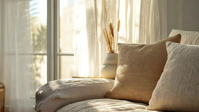 Cozy living room with soft pillows, natural light, and decorative vase featuring textured cushions and gentle curtains for serene atmosphere.