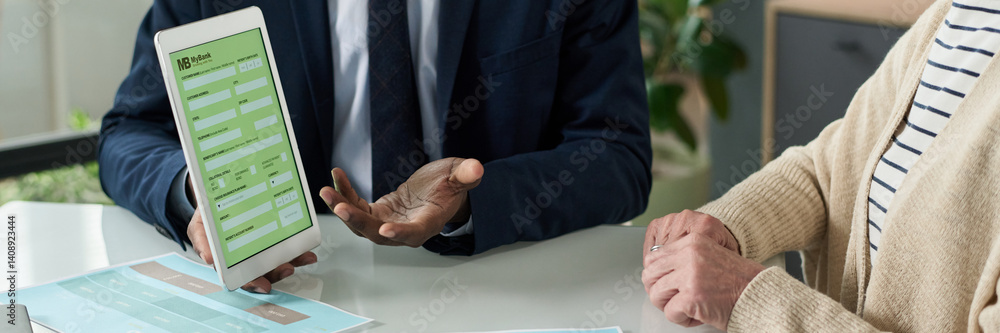 Poster header with businessman suggesting to fill online form