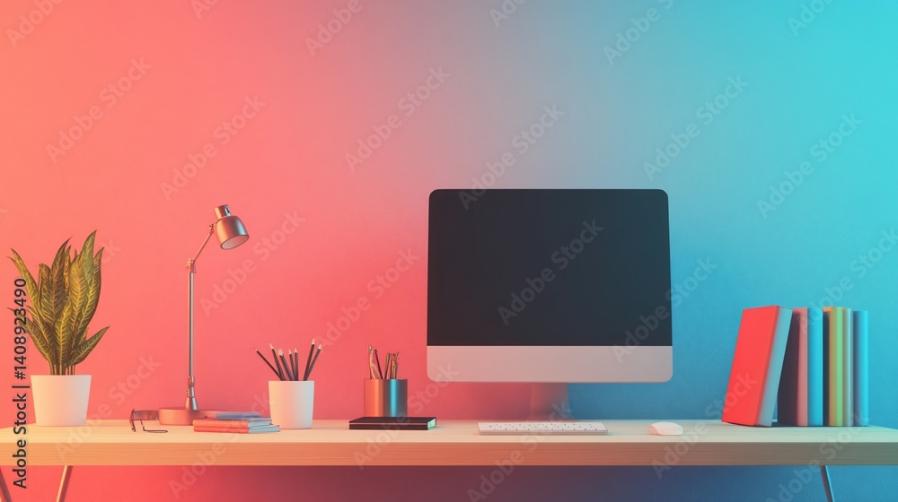 Poster workstation with computer, desk lamp and stationary under gradient background lighting