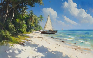 Obraz premium Tropical Beach Scene with Dhow Sailboat at Anchor