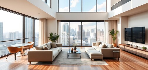 Modern condo, open plan living, city balcony view, building, balcony