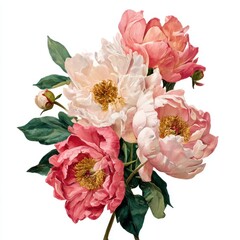 Pink and white peony floral arrangement isolated on white background