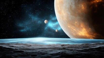 Landscape of alien planet with glowing oceanic and craters concept. A stunning view of distant planets against a starry backdrop.