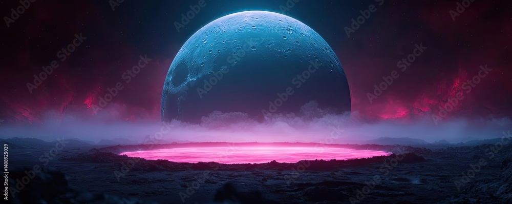 Poster landscape of alien planet with glowing oceanic and craters concept. futuristic alien landscape with 
