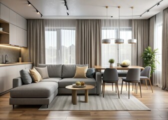 Fototapeta premium Modern home décor: minimalist gray sofa defines a stylish open-plan living area.
