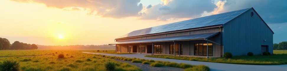 Fototapeta premium Modern factory building with solar panels on roof during sunny day, green, factory, renewable