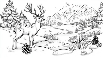 Deer in Scenic Mountain Landscape Illustration