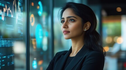 Naklejka premium A confident businesswoman analyzes data on a digital screen, representing innovation and leadership in the modern workplace.
