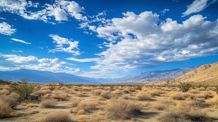 Expansive Desert Landscape Under Blue Sky with Fluffy Clouds