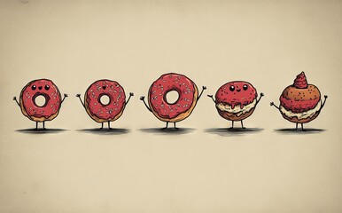 A modern cartoon mascot is shown in a retro style with an assortment of bread, desserts, cookies, a cheeseburger, and a hotdog, evoking the old animation of the 30s, 40s, and 50s, isolated on a beige