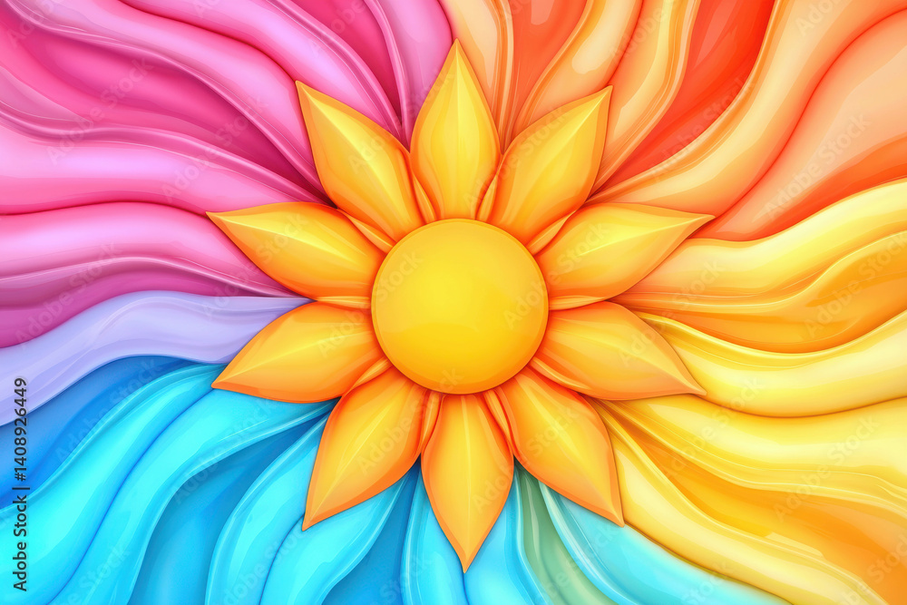 Poster bright colorful abstract background with sunflower and flowing waves of colorful patterns