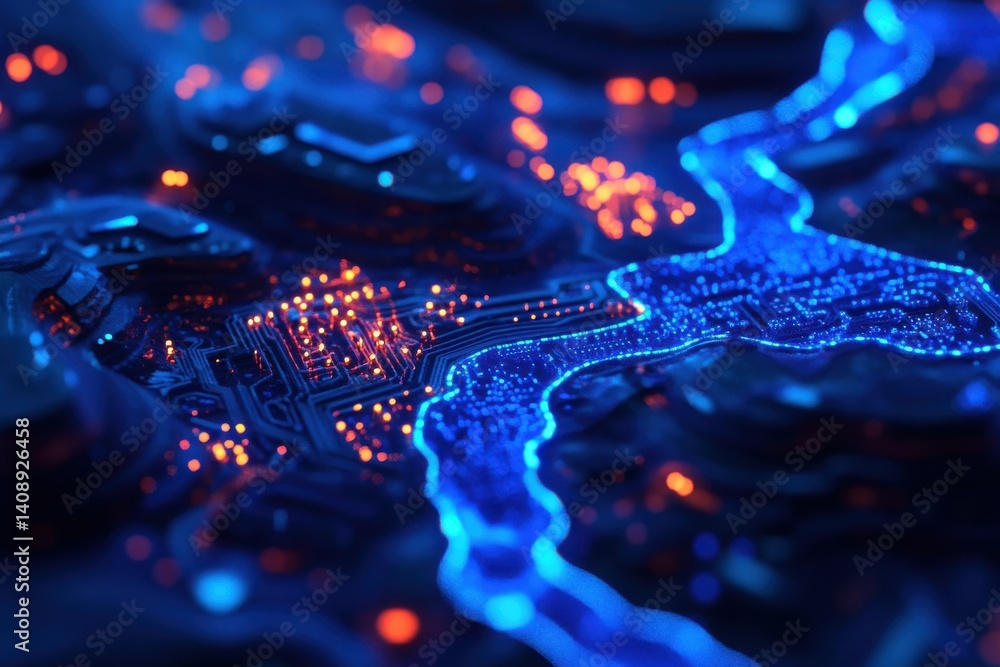 Aufkleber close up of a circuit board with glowing blue lines and orange dots in a dark environment view